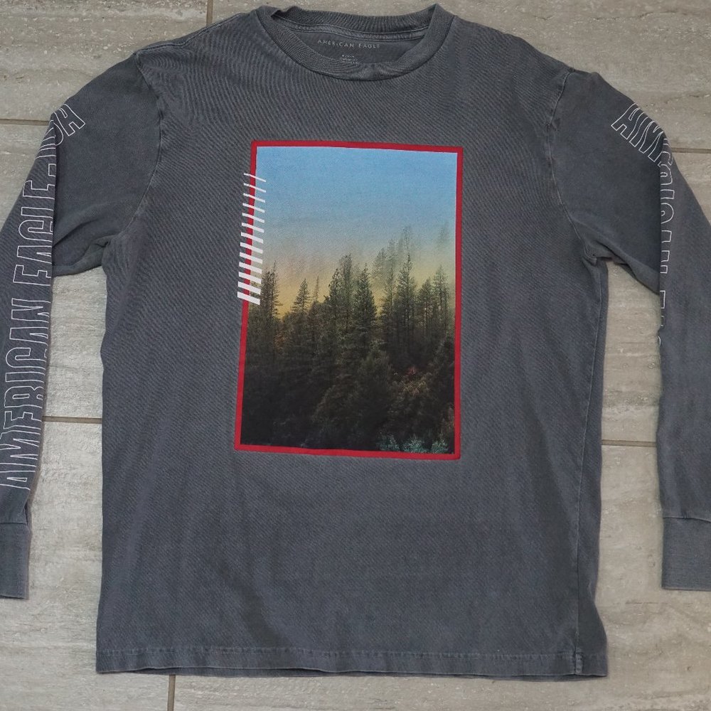 American Eagle Outfitters Men's Graphic Long Sleeve T-shirt Grey Size Medium
